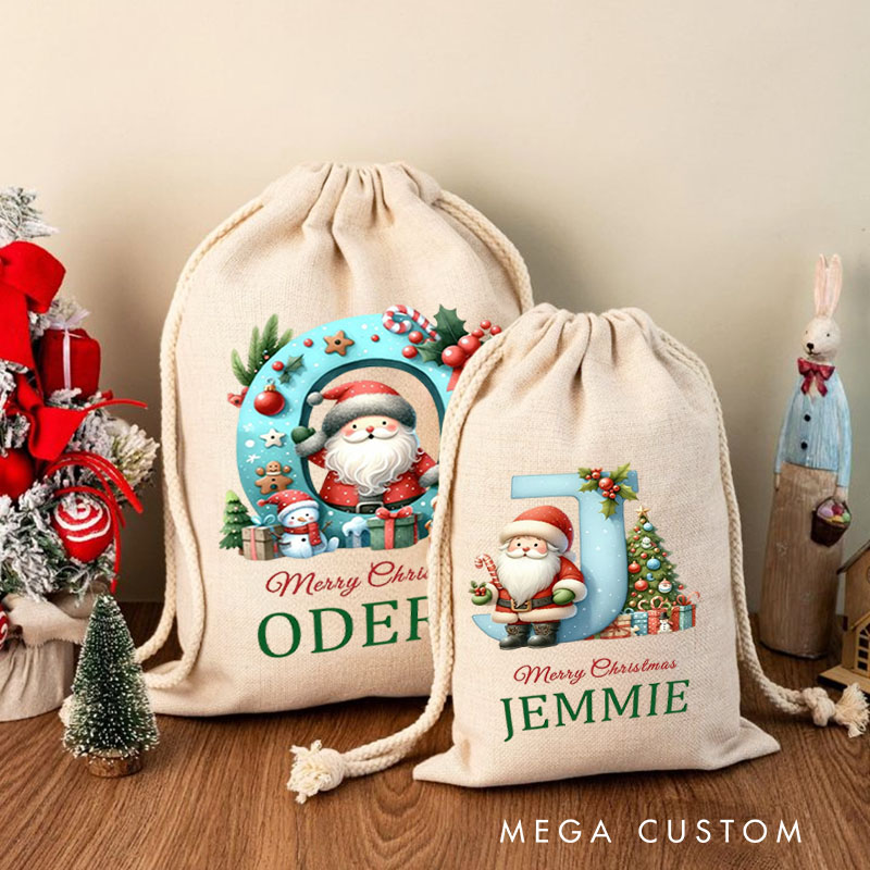 Personalized Santa Initial Christmas Bag with Festive Ornaments and Name for a Merry Celebration