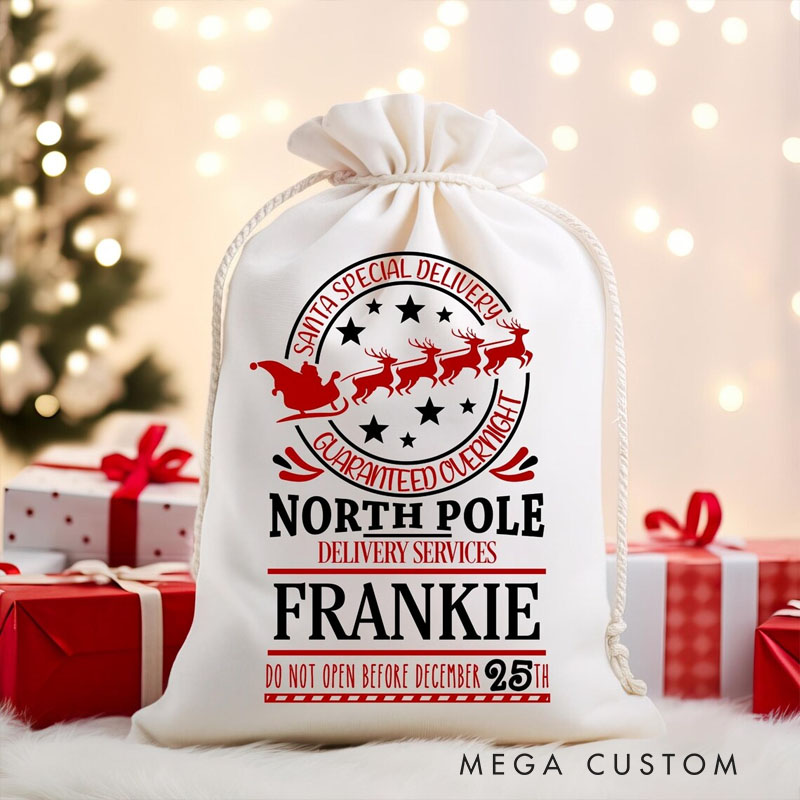 Personalized North Pole Delivery Christmas Bag with Santa Sleigh and Name for a Magical Holiday Surprise