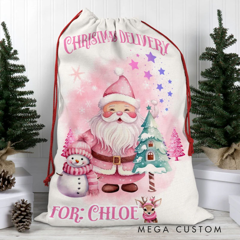 Personalized Pink Santa and Snowman Christmas Bag with Festive Trees and Name for a Joyful Holiday Delivery