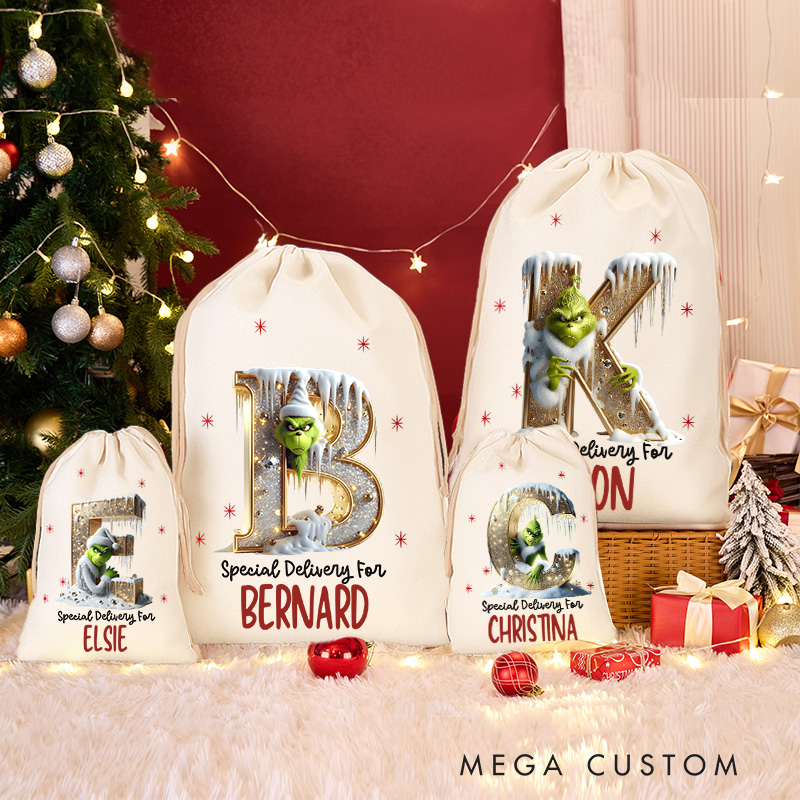 Personalized Golden Glitter Monster Alphabet Christmas Sack for Classic Movie Lovers Santa Sack Christmas Gift Bag for Kids