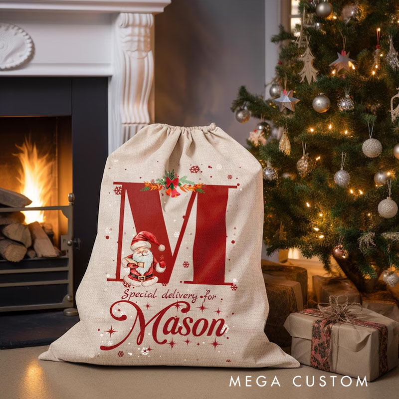 Personalized Santa Initial Christmas Bag with Festive Accents and Name for a Special Holiday Delivery