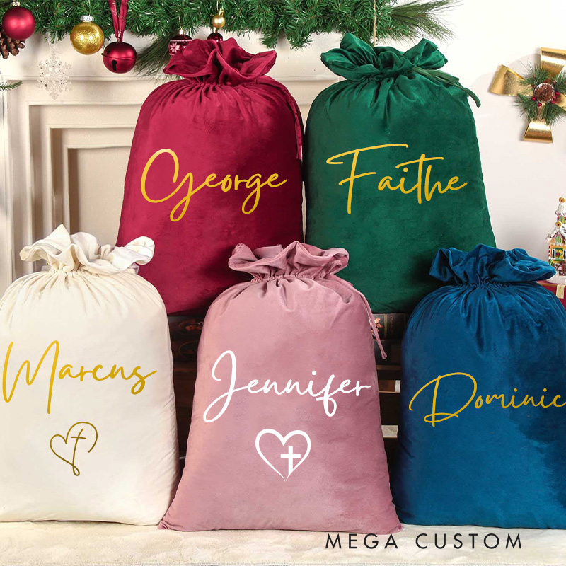 Personalized Faith Velvet Drawstring Santa Sack Christmas Gift Bag with Glitter Name Home Decor Christmas Party Supplies Christmas Gift for Christian