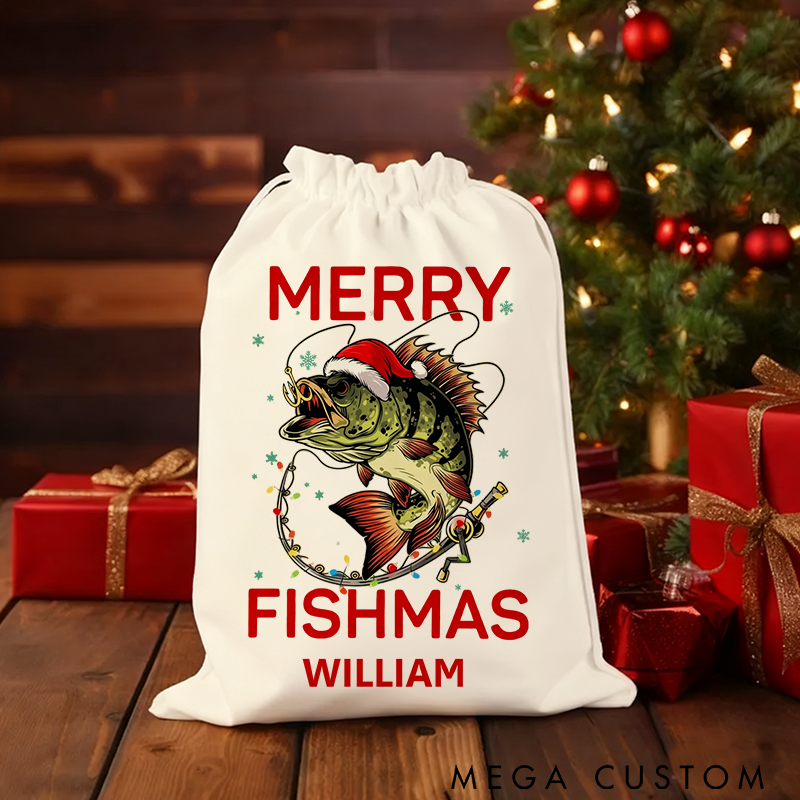 Personalized Fishing Christmas Sack Christmas Fishing Gift Bag Presents Bag Christmas Gift Sack Merry Fishmas Design Perfect Holiday Gift for Fishing Lover