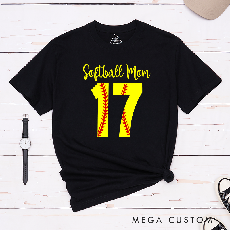 Personalized Softball Mom T-Shirt Design Featuring Customizable Player Number with Red Stitch Softball Pattern and Stylish Yellow Script Text