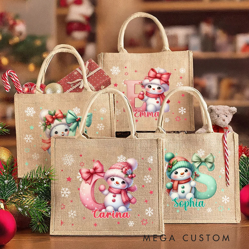 Personalized Cartoon Santa Hat Snowman Bow Initial Jute Tote Bag with Name Birthday Christmas Gift