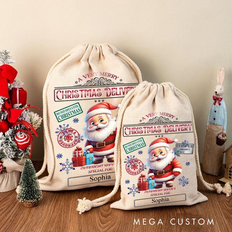 Personalized Santa Express Delivery Christmas Bag with Festive Stamps and Name for a Magical Holiday Gift
