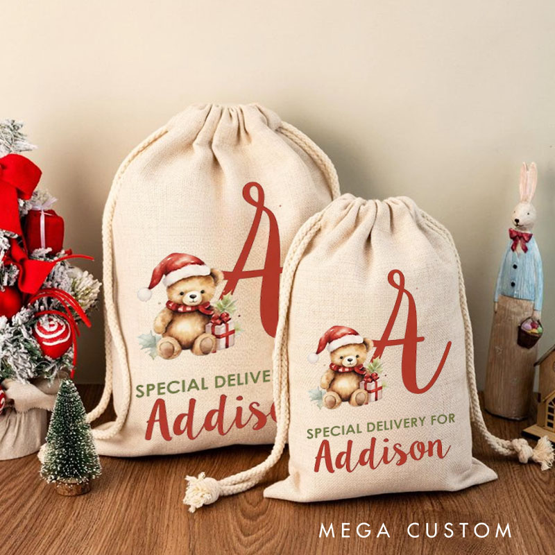 Personalized Teddy Initial Christmas Bag with Santa Hat and Name for a Special Holiday Delivery