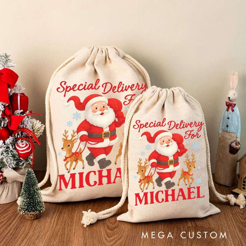 Personalized Santa and Reindeer Christmas Bag with Special Delivery Message and Name for a Festive Holiday