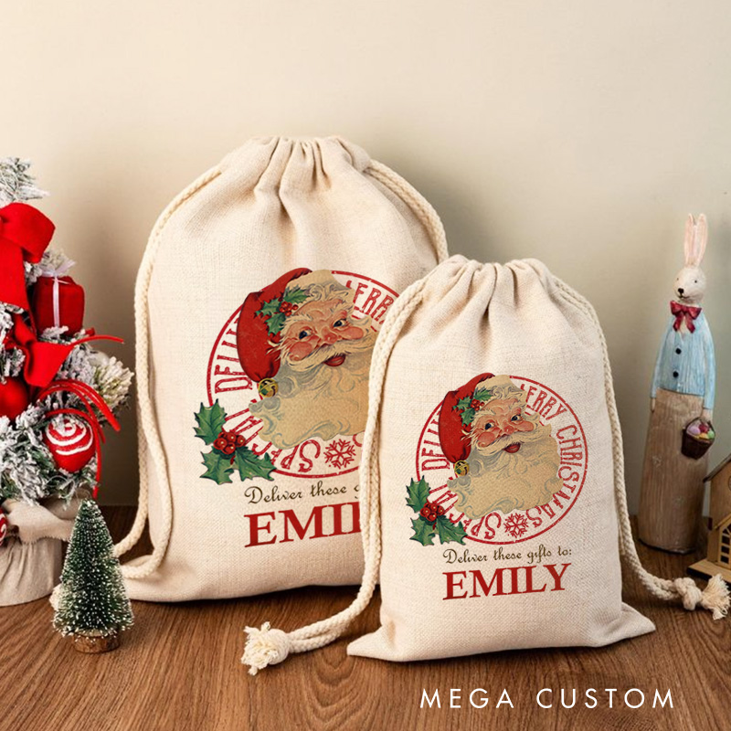 Personalized Santa Sack Drawstring Gifts Bags with Name Merry Christmas Party Favors Gifts