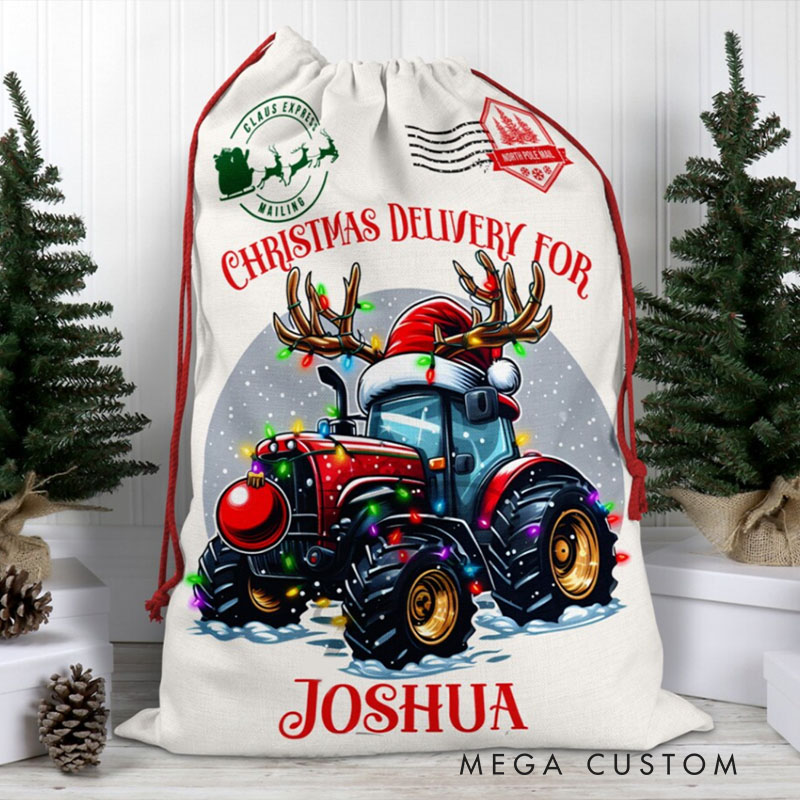 Personalized Festive Tractor Christmas Bag with Reindeer Antlers and Name for a Joyful Holiday Delivery