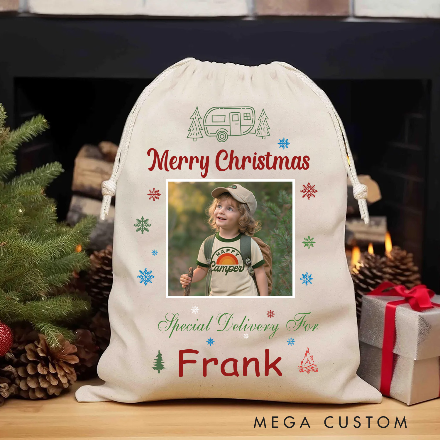 Personalised Camper Photo Collage Christmas Sack Custom Camping Enthusiast Gift for Kid Him Her
