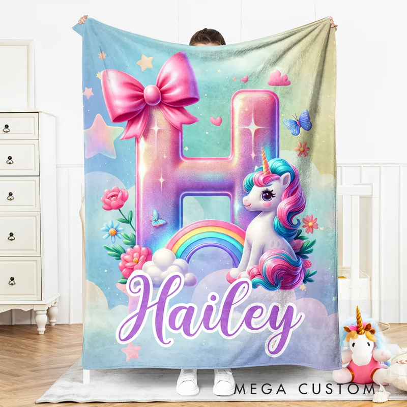 Personalized Bow Fantasy Unicorn Soft Throw Blanket with Name Birthday Gift for Unicorn Lovers