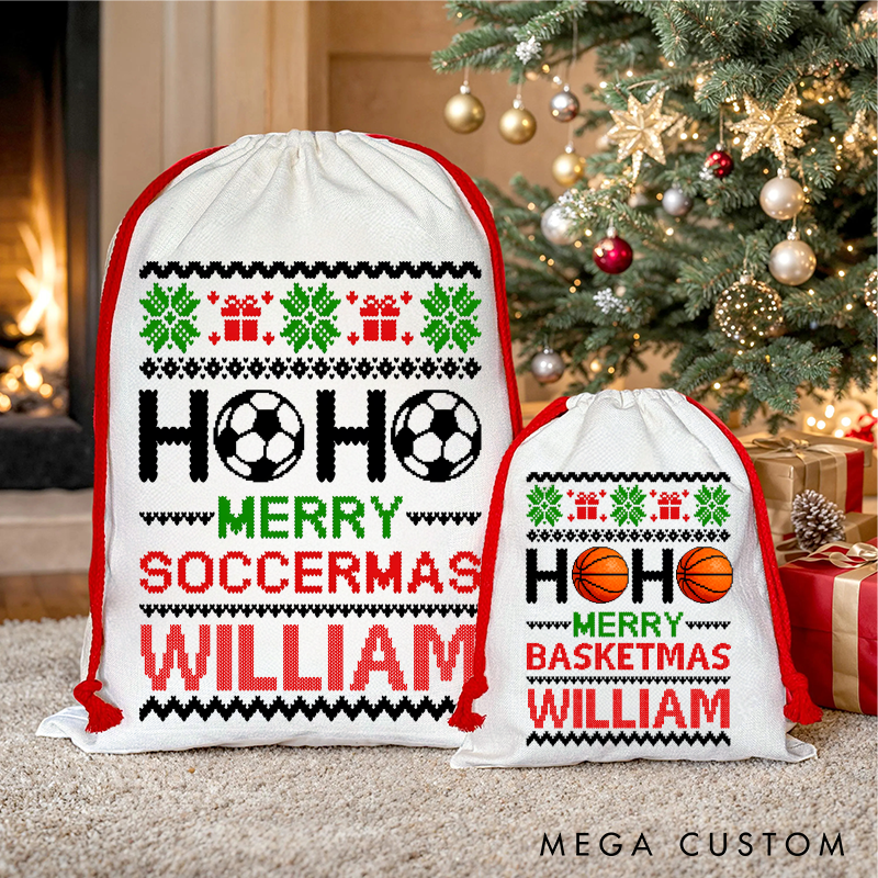 Personalized Christmas Sports Gift Bags with Festive Design and Custom Name