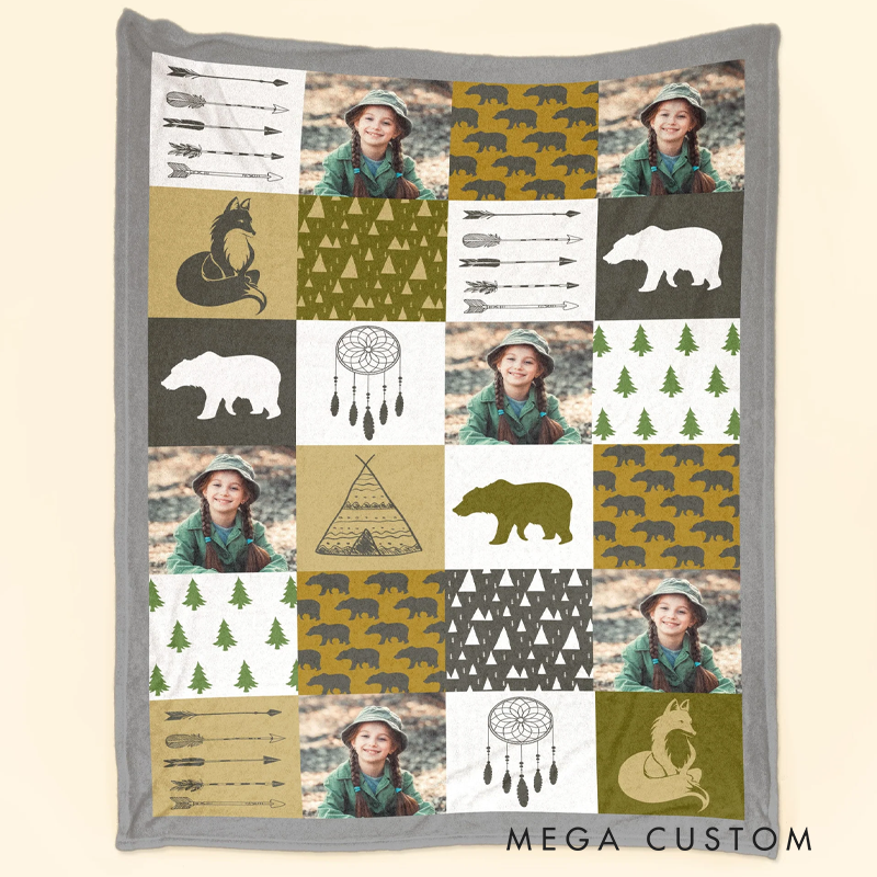 Personalized Kid Photo Blanket Throw Blanket Custom Little Happy Camper Blankets Gift for Kid Nature Hiking Camping