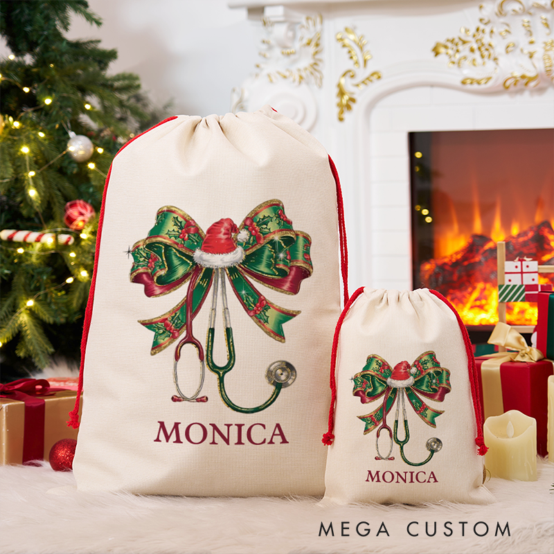 Personalized Nurse Christmas Gift Sack Custom Santa Bag with Stethoscope Christmas Gift