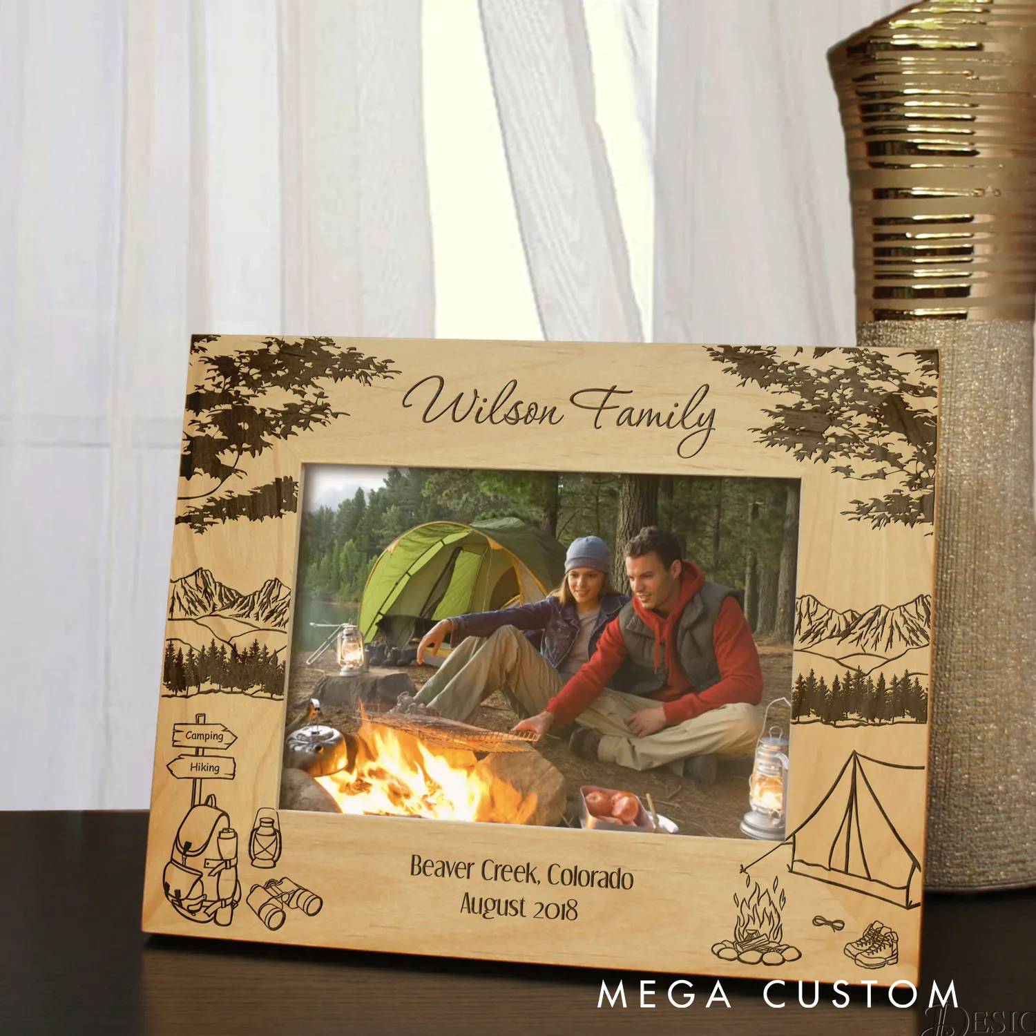 Personalized Wood Campfire Inspired Picture Frame Gift for Camping Hiking Outdoor Enthusiasts Couples Memorial Gift