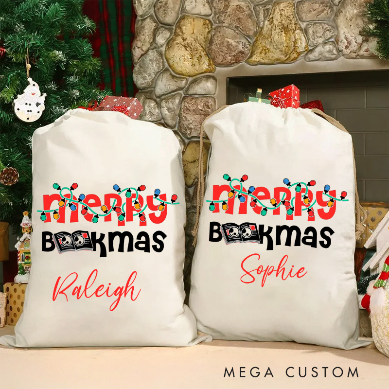 Personalized Merry Bookmas Christmas Bag with Name Merry Christmas Santa Sack Library Santa Sack for Book Lover Christmas Gift