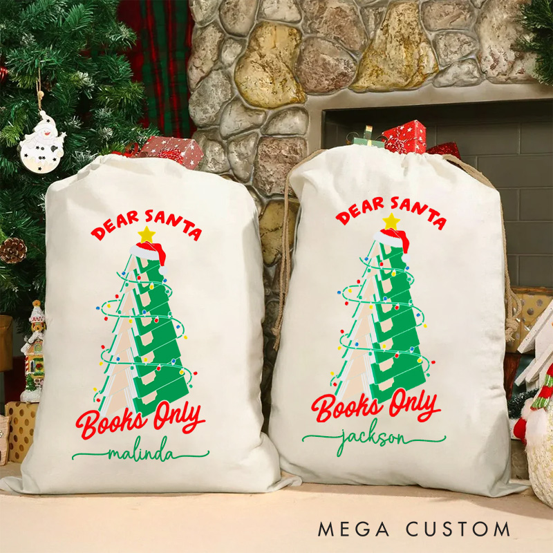 Personalized Dear Santa Christmas Bag with Name Librarian Santa Sack Christmas Tree Books Sack for Book Lovers Christmas Gift