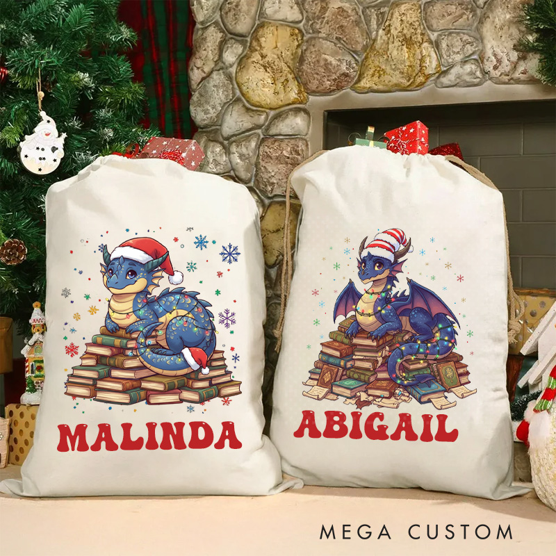 Personalized Dragon and Book Christmas Bag with Name Librarian Santa Sack Bookworm Christmas Sack for Fantasy Book Lovers Christmas Gift