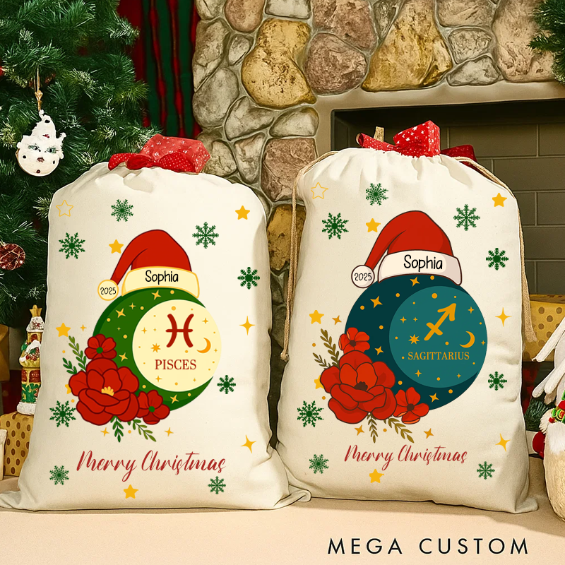 Personalized Zodiac Sign Floral and Name Canvas Gift Bag With Name Christmas Party Gift Christmas Sack Floral Star Sign Zodiac Birth Month Gift