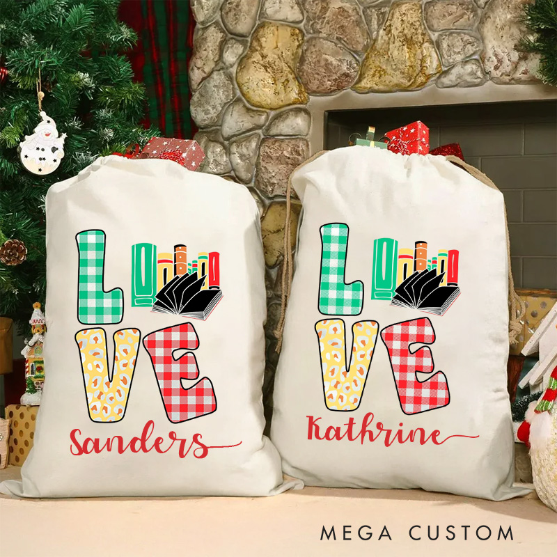 Personalized Love Christmas Bag with Name Librarian Santa Sack Bookworm Christmas Sack for Book Lovers Christmas Gift