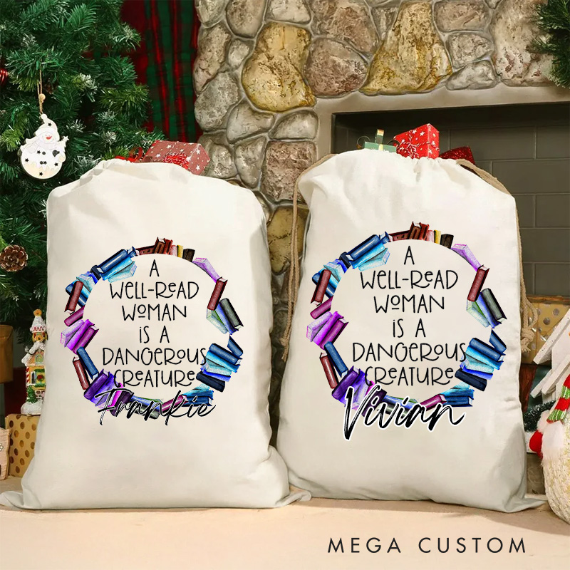 Personalized a Well Read Woman Christmas Bag with Name Bookish Santa Sack Gift Wrap Bag for Holiday Season Book Lover Christmas Gift