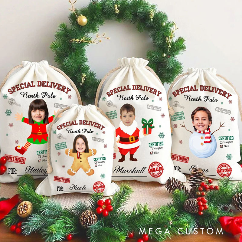 Personalized Special Delivery North Pole Santa Claus Canvas Drawstring Gift Bag with Name and Photo Christmas Gift for Friends Family