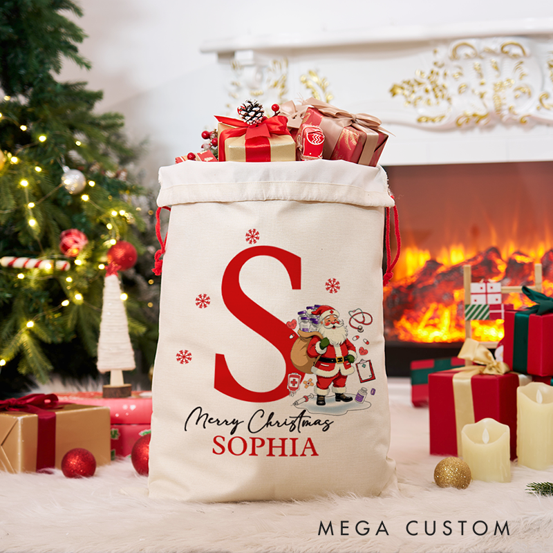 Personalized Christmas Nurse Gift Sack with Initial Name Custom Santa Bag Christmas Gift