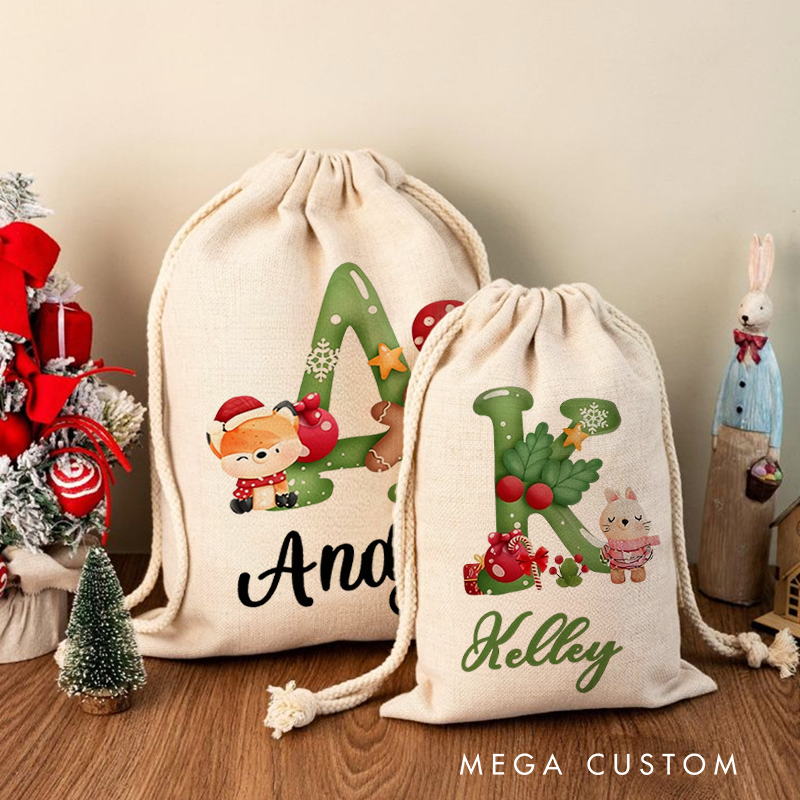 Personalized Christmas Animal Alphabet Linen Drawstring Bag for Gift Wrapping Party Favors