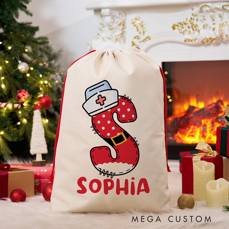 Personalized Nurse Santa Sack Custom Initial Christmas Gift Bag with Name