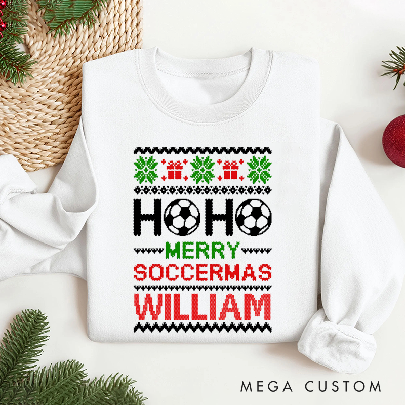 Personalized Soccer Christmas Sweatshirt with Festive Design and Custom Name