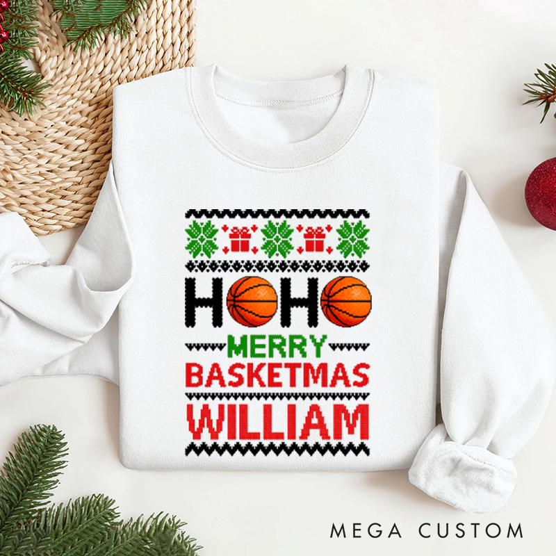 Personalized Basketball Christmas Sweatshirt with Festive Design and Custom Name
