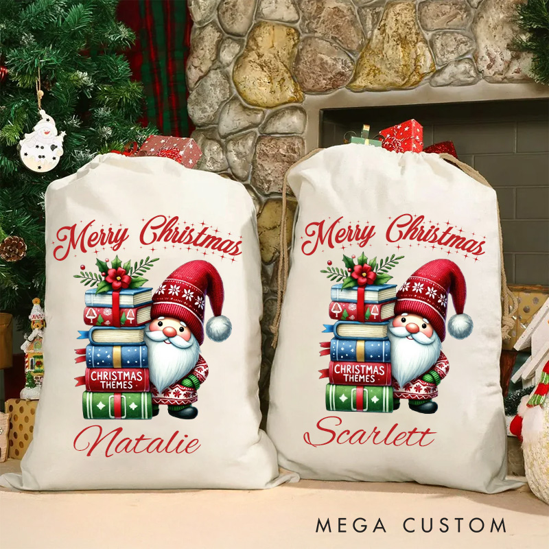 Personalized Book and Gnome Christmas Bag with Name Bookish Santa Sack Flower Book Xmas Sack Book Lover Christmas Gift