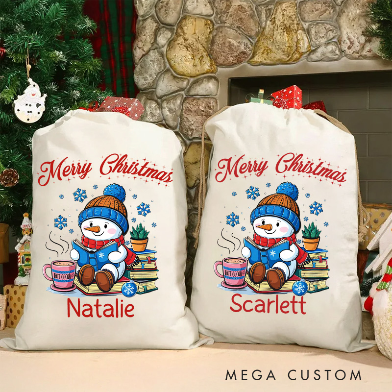 Personalized Reading Snowman Christmas Bag with Name Merry Christmas Bookish Santa Sack for Book Lover Christmas Gift Librarian Gift
