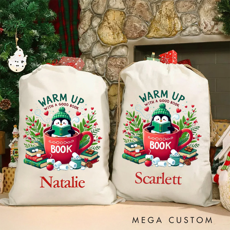 Personalized Warm up with a Good Book Christmas Bag Reading Penguin Santa Sack with Name for Book Lover Christmas Gift Librarian Gift