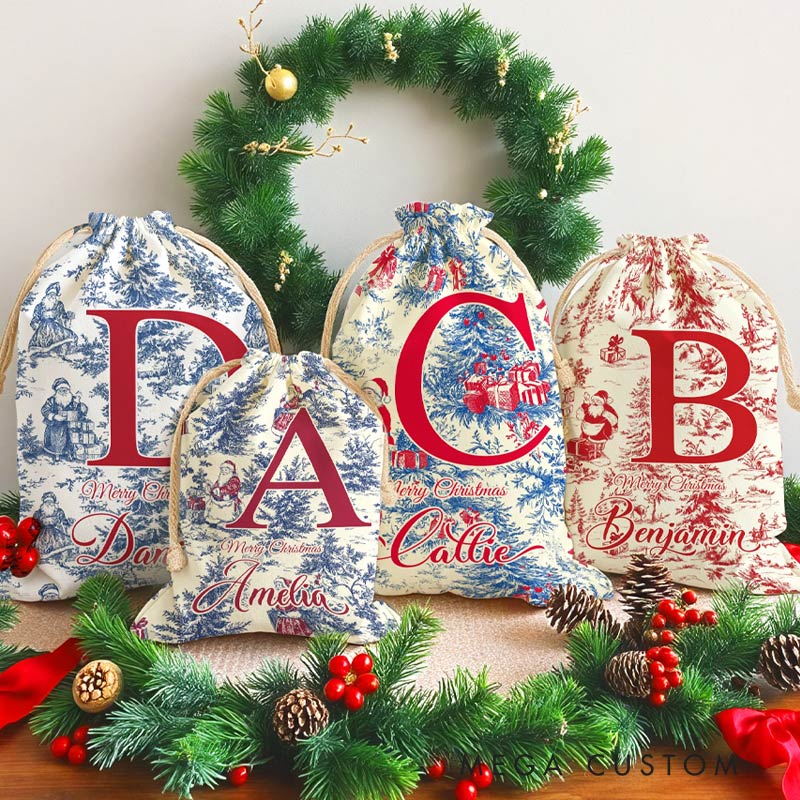 Personalized Vintage Toile De Jouy Santa Claus Initial Canvas Drawstring Gift Bag with Name Christmas Gift for Family Friends Gardening Lovers