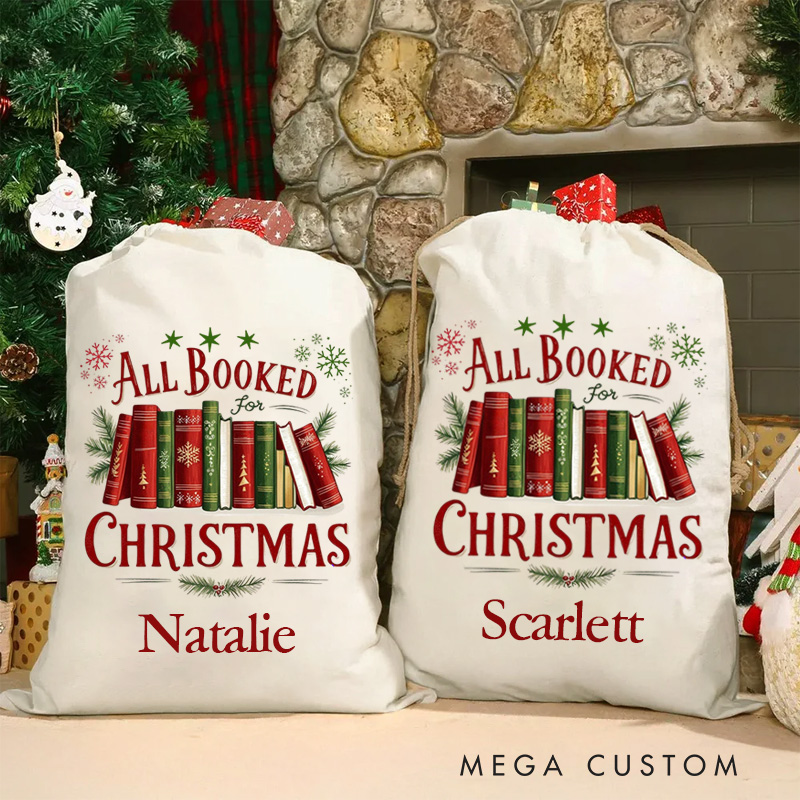 Personalized All Booked Christmas Bag Holly and Bookshelf Santa Sack with Name for Book Lover Christmas Gift Librarian Gift