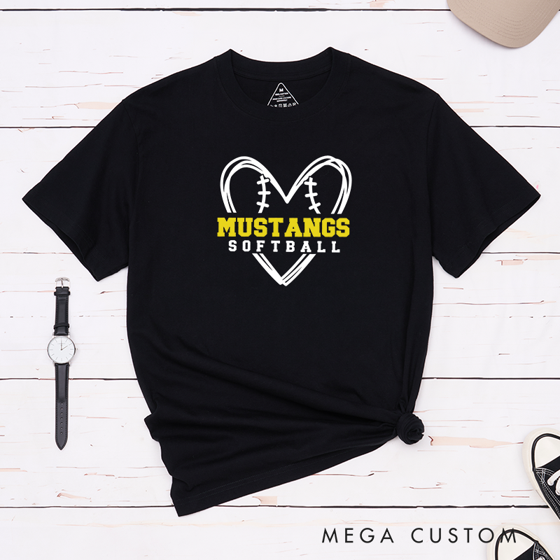 Personalized Softball T-Shirt Design Featuring Heart-Shaped Softball Stitch Graphic with Custom Team Name in Bold Text and Softball Label in Clean Font