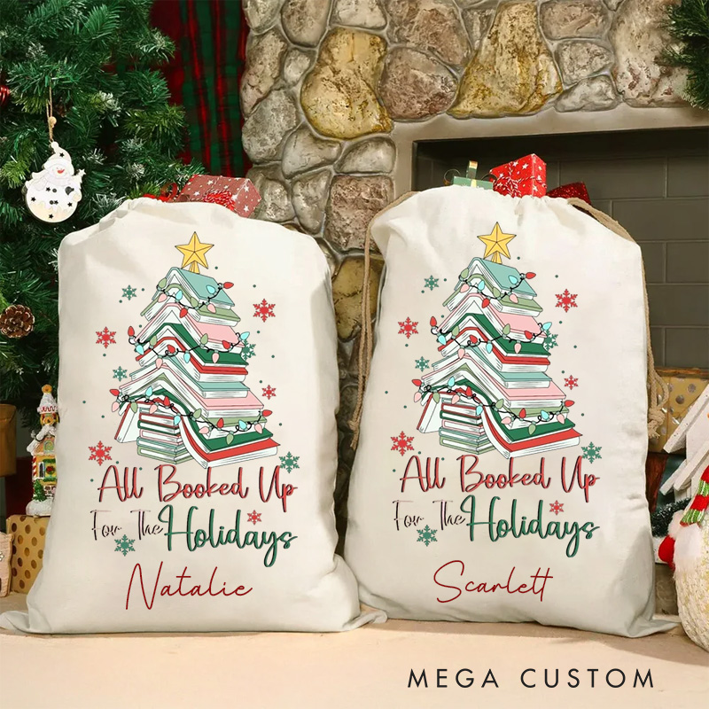 Personalized All Booked Up for the Holidays Christmas Bag Book Christmas Tree Santa Sack with Name Book Nerd Xmas Sack for Book Lover Gift Librarian Gift