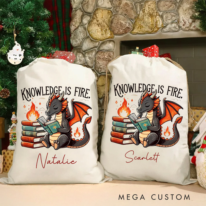 Personalized Knowledge is Fire Christmas Bag Reading Dargan Christmas Santa Sack with Name Book Nerd Xmas Sack for Book Lover Gift Librarian Gift