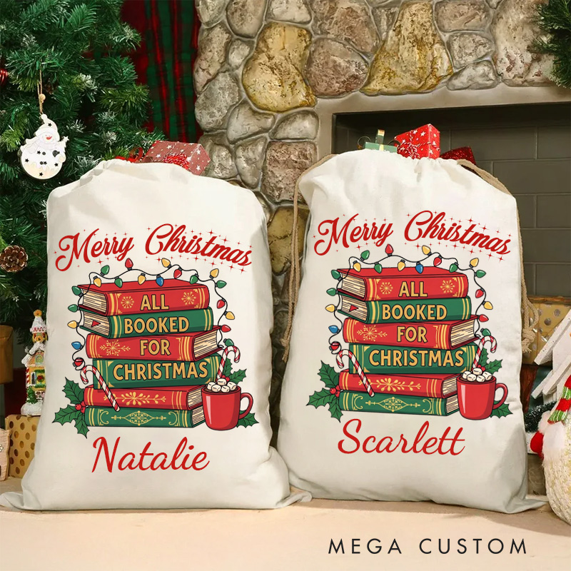 Personalized All Booked for Christmas Bag Merry Christmas Santa Sack with Name Bookworm Xmas Sack for Book Lover Gift Librarian Gift