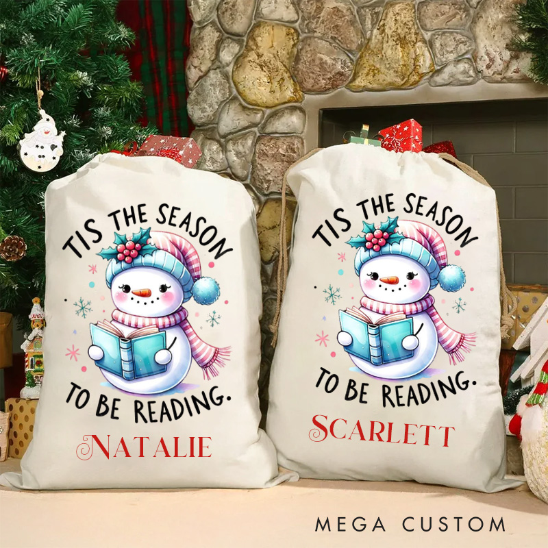 Personalized Tis the Season to Be Reading Christmas Bag Kids Reading Snowman Santa Sack for Kids Bookworm Xmas Sack with Name Book Lover Gift