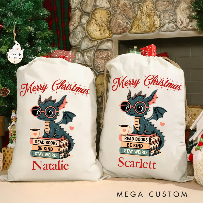 Personalized Read Books Be Kind Stay Weird Christmas Bag Dargan Santa Sack for Kids Bookworm Xmas Sack with Name Book Lover Gift
