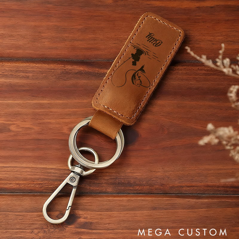 Personalized Leather Keychain Laser Engraved Fishing Keychain for Men Custom Keychain with Name Great Gift for Father's Day or Birthday