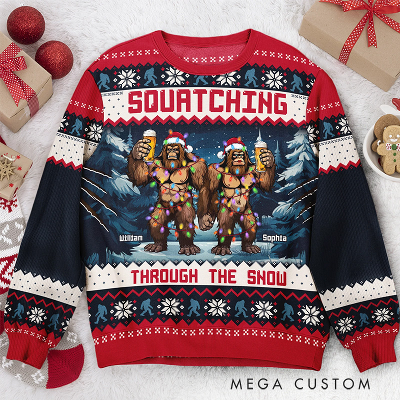 Personalizedsquatching Through the Snow Ugly Sweater Christmas Gift for Outdoor Hiking Enthusiasts