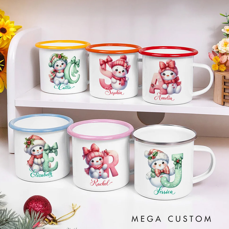 Personalized Cute Bow Snowman 12 oz Enamel Cup with Name and Initial Birthday Christmas Gift for Kids Family Friends
