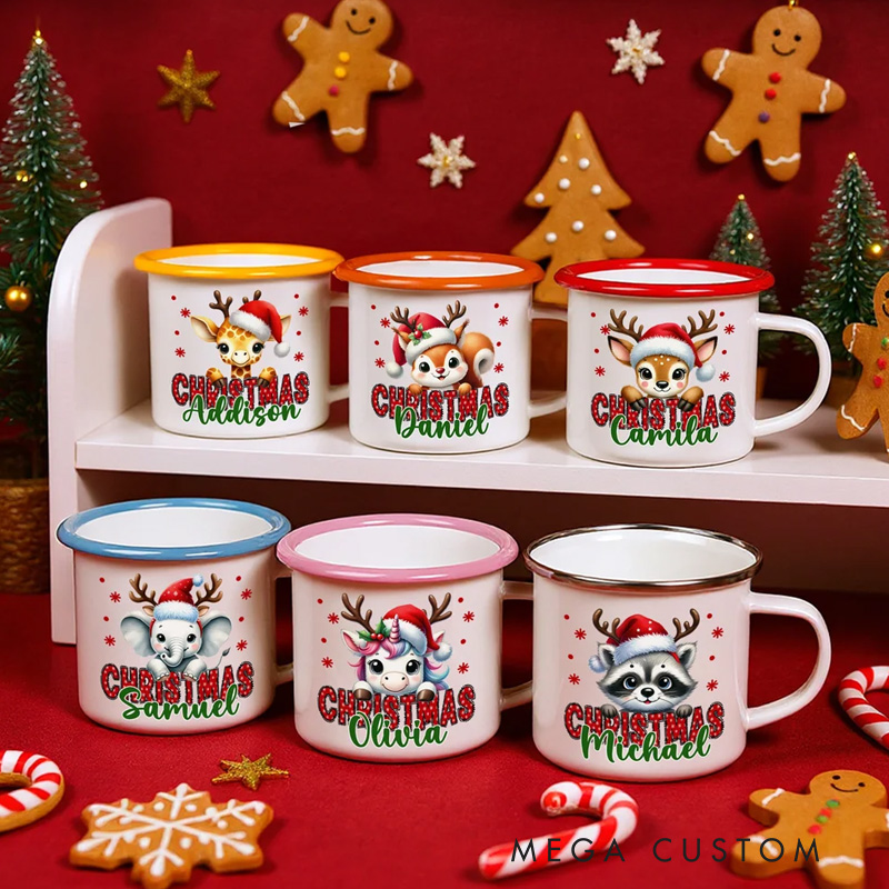 Personalized Christmas Santa Hat Cute Animal 12 oz Multicolor Enamel Mug with Name Christmas Gift