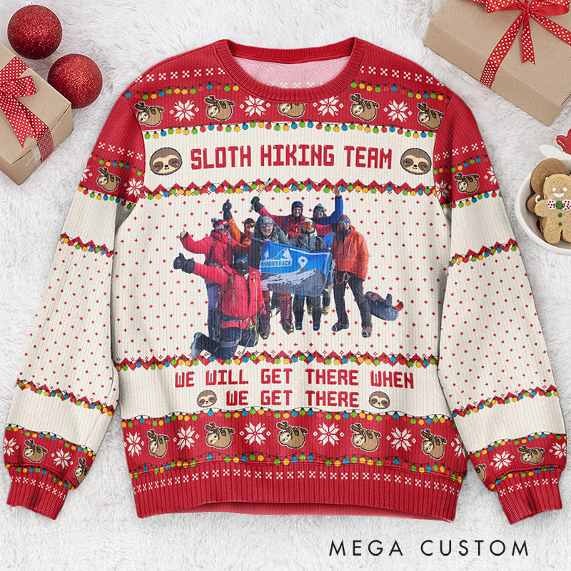 Personalized Sloth Hiking Team Ugly Sweater Custom Hiking Photo for Team Hiking Lovers Ugly Sweater Christmas Gift for Outdoor