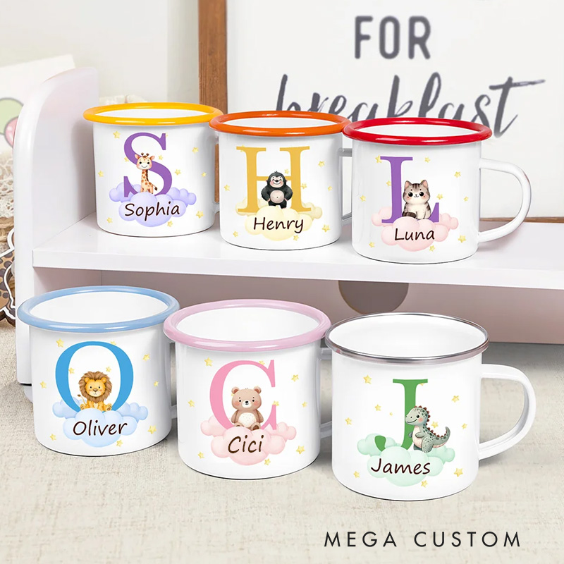 Personalized Cute Bear Dinosaur Cartoon Forest Animal 12 oz Colored Rim Enamel Mug with Initial and Name Birthday Gift