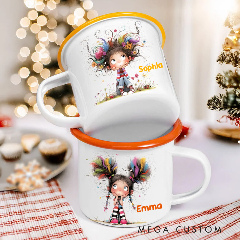 Personalized Cute Whimsical Quirky Girl 12oz Colorful Rim Enamel Mug with Name Birthday Back to School Holiday Gift